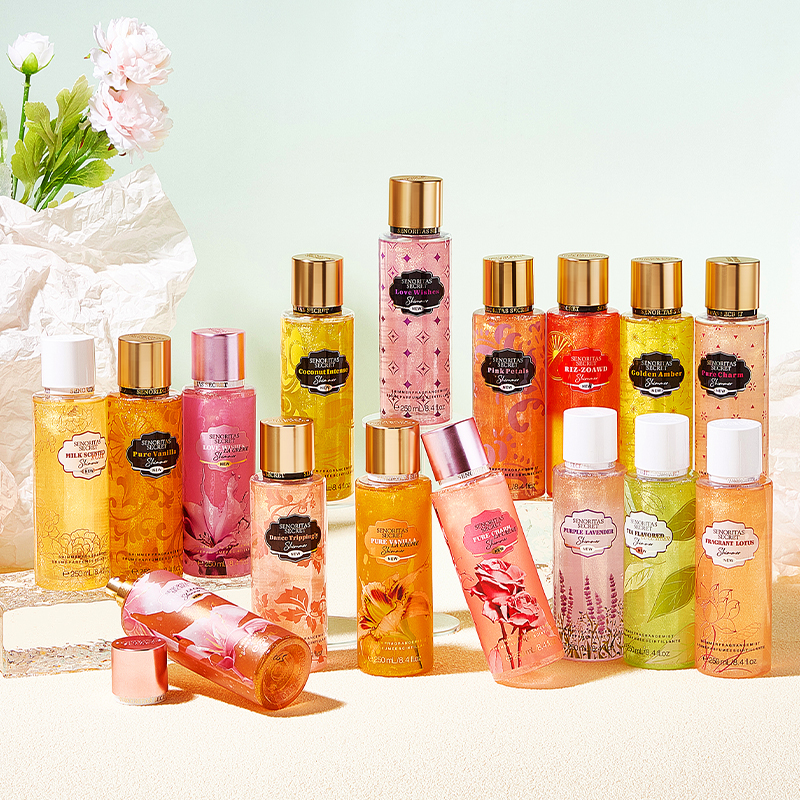 Spray per il corpo da 250 ml Spray profumato glitterato Spray luccicante Profumo floreale Nebbia fine Nebbia per schizzi per il corpo per le donne