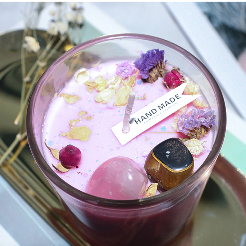 100g Decorazioni per la casa Cera di soia fatta a mano Aromaterapia Candela profumata ecologica ad alta pietra di cristallo con fiori secchi per feste Compleanni Regalo